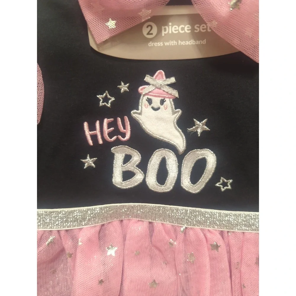Infant Bodysuit Tulle Skirt with Matching Hair Bow Pink Sparkly Stars Sz 6 mths